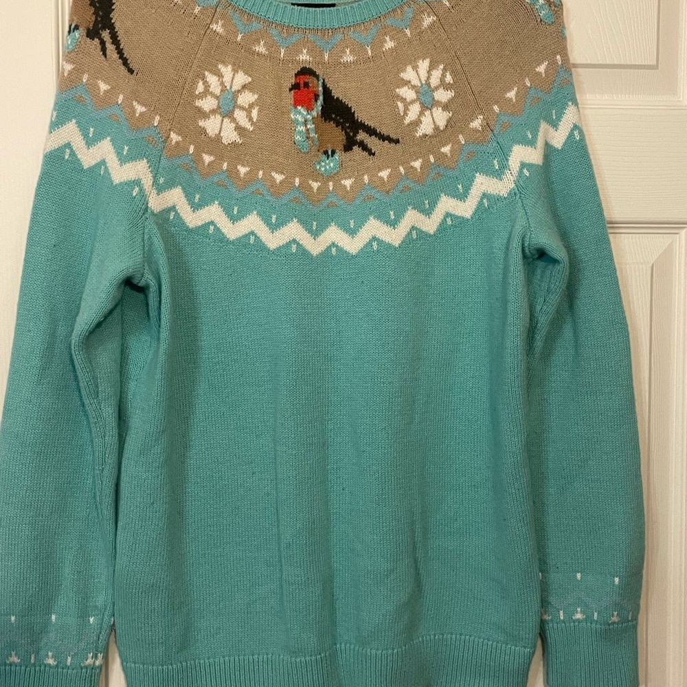 Talbots Teal and Tan Sweater with Bird Design
